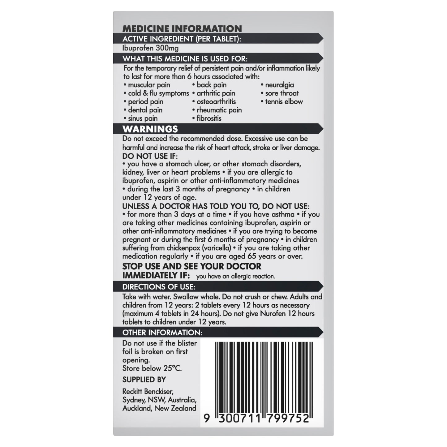 Nurofen 12 Hour Ibuprofen 300mg 12 Tablets