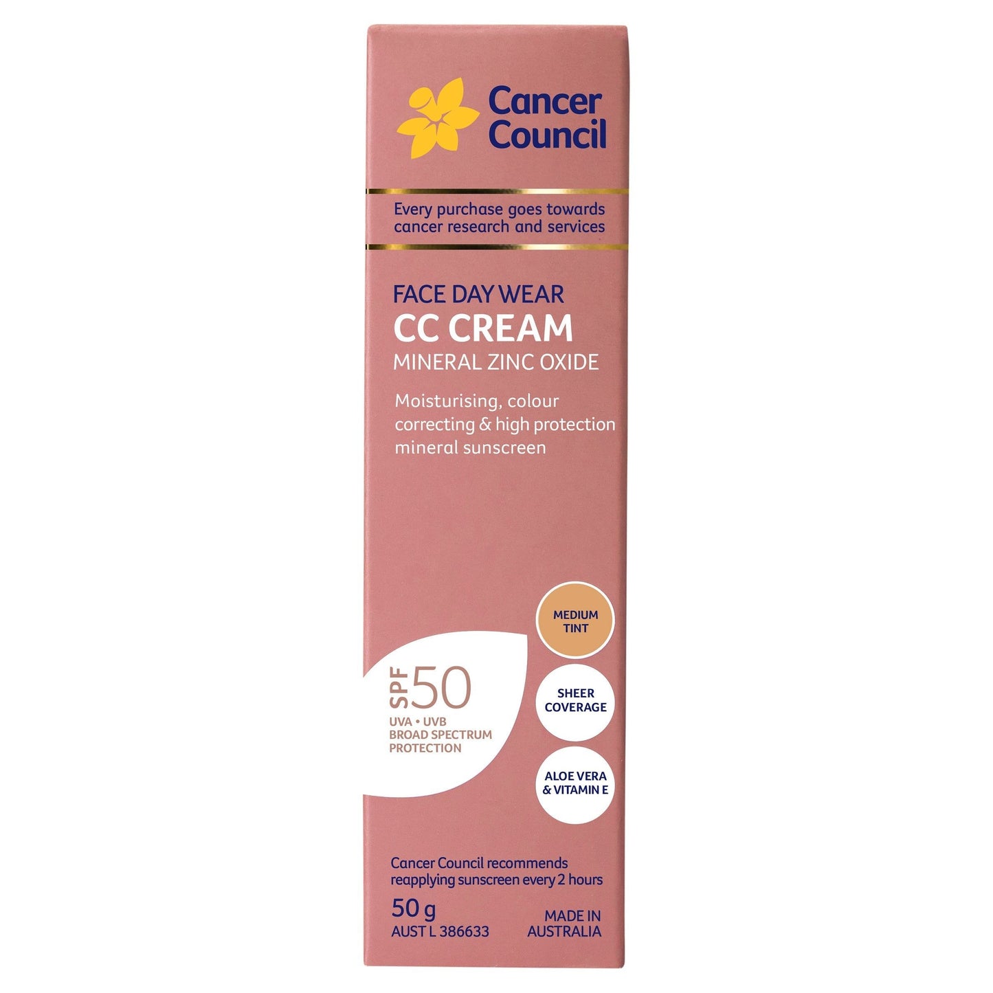 Cancer Council Mineral Zinc Oxide Face Day Wear SPF50 CC Cream 50g Medium Tint