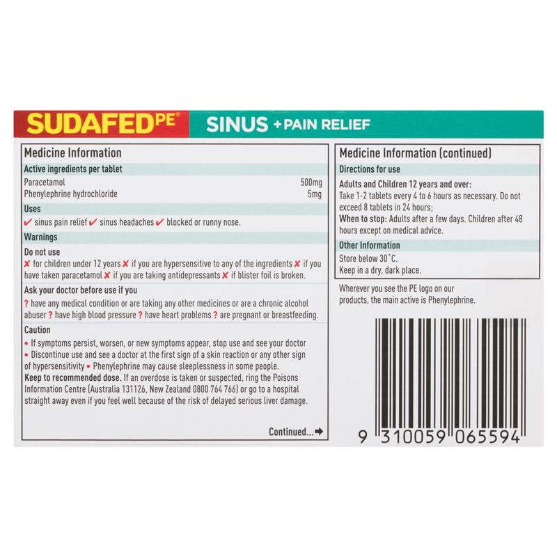 Sudafed PE Sinus and Pain Relief 24 Tabs
