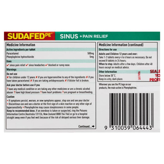 Sudafed PE Sinus and Pain Relief 48 Tabs