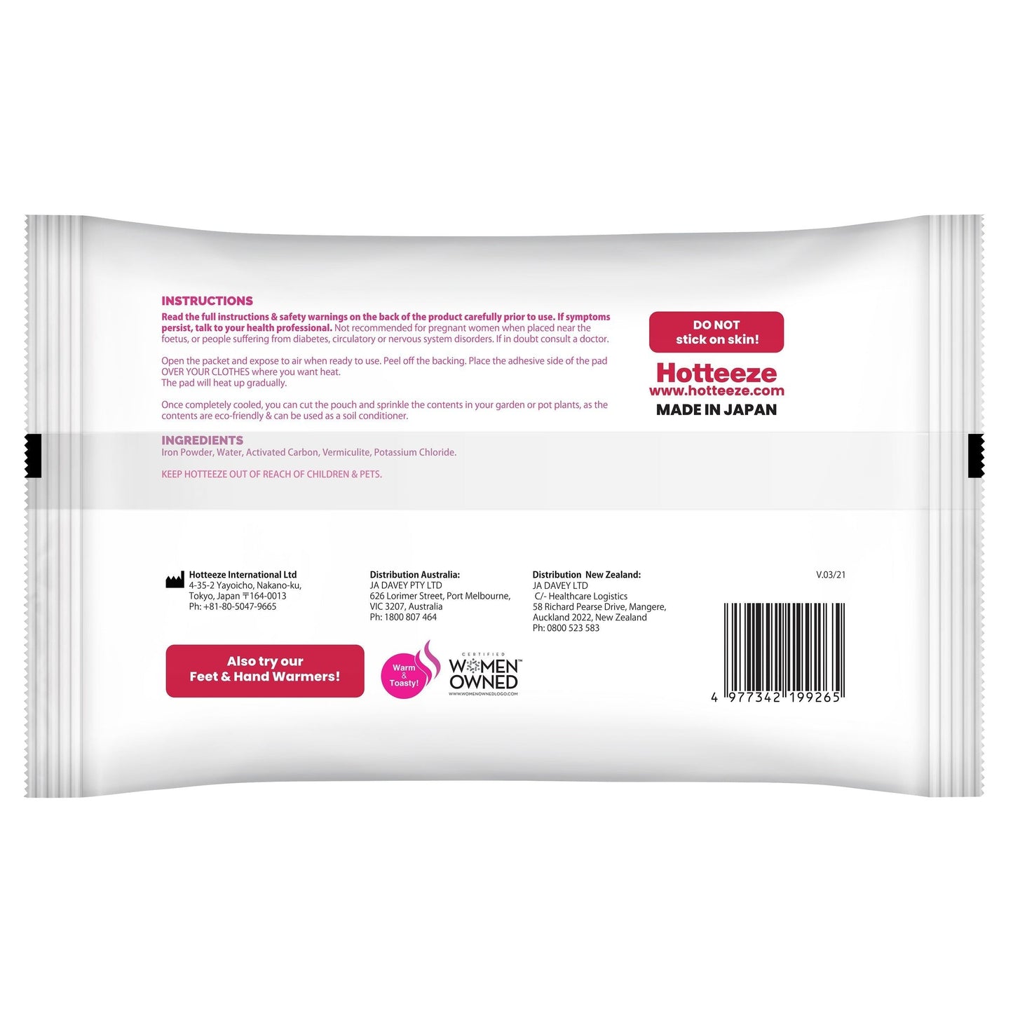 Hotteeze Heat Pads Pain Relief Patches for Period, Back and Shoulder pain 10 Pack