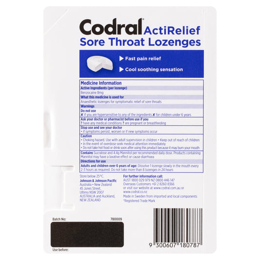 Codral ActiRelief Sore Throat Lozenges Anaesthetic Coolmint 20PK