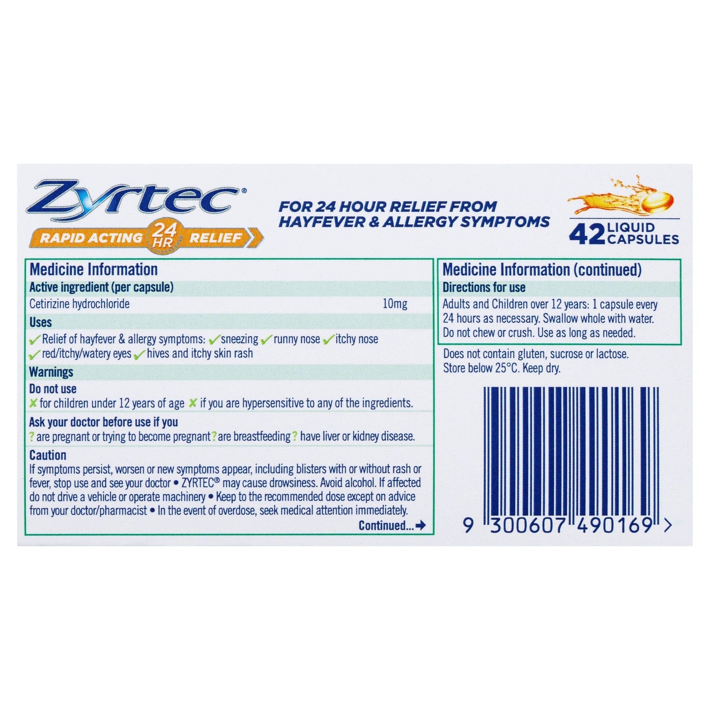Zyrtec Rapid Acting Hayfever Relief Antihistamine 42 Liquid Capsules