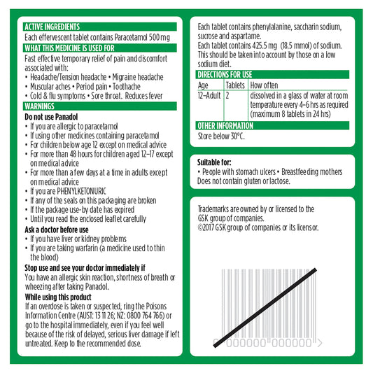Panadol Rapid Soluble, 500 mg paracetamol, 20 effervescent tablets (pain relief)