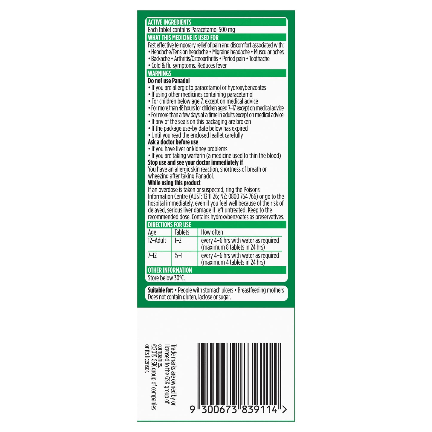 Panadol with Optizorb Paracetamol Pain Relief Tablets 500mg 50