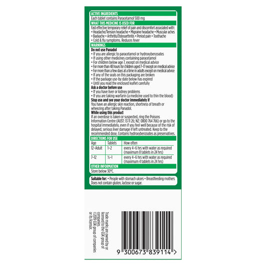 Panadol with Optizorb Paracetamol Pain Relief Tablets 500mg 50