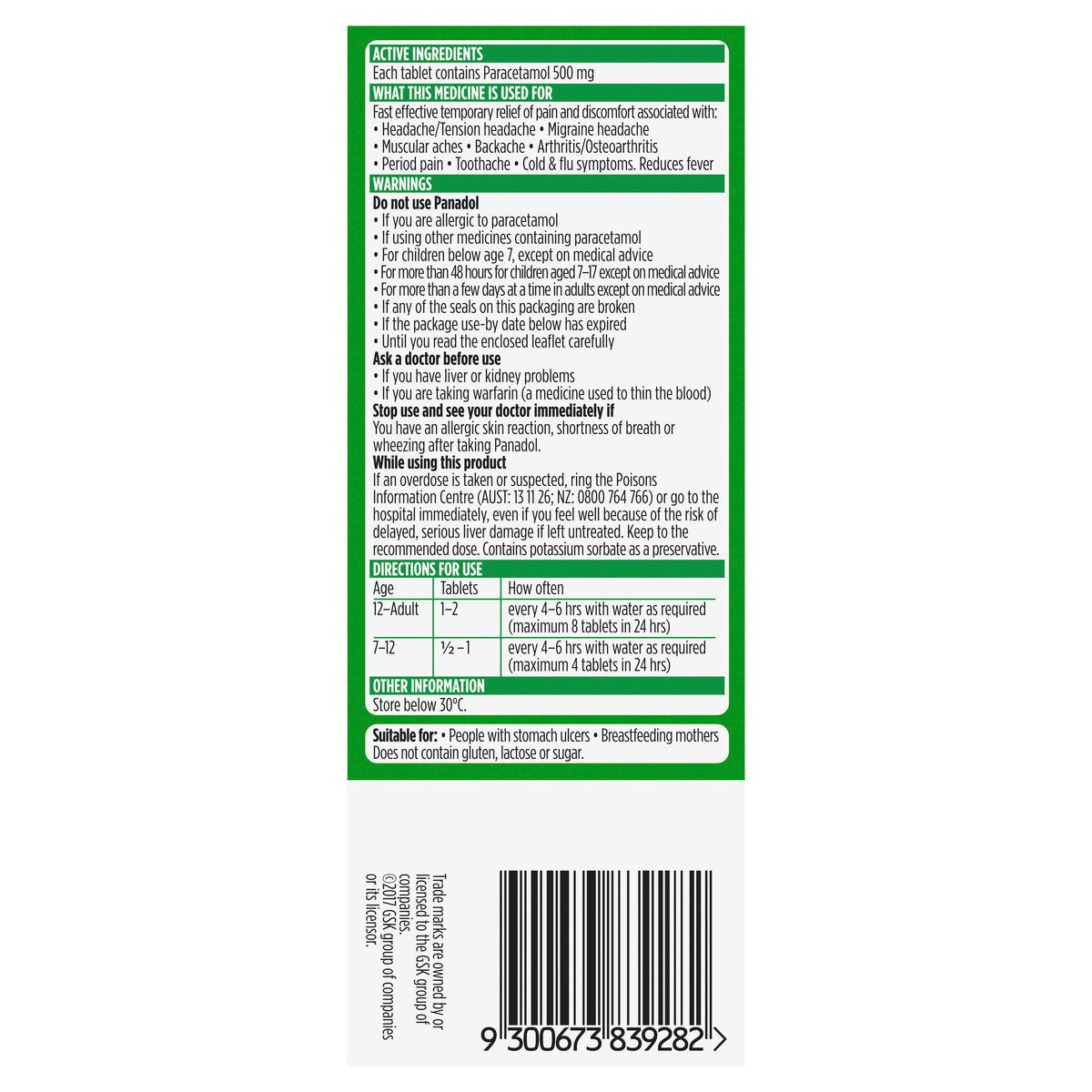 Panadol Paracetamol Pain Relief Tablets 500mg 50