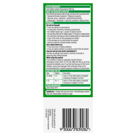 Panadol Paracetamol Pain Relief Tablets 500mg 50