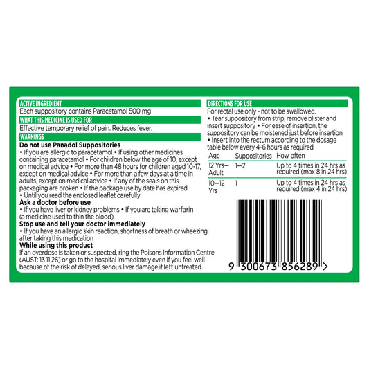 Panadol Suppositories Paracetamol 500mg 10 Suppositories