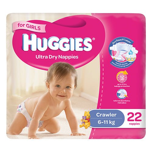 Huggies Ultra Dry For Girls Crawler Size 3, 6-11kg 22 Nappies - STELLAR PHARMACY
