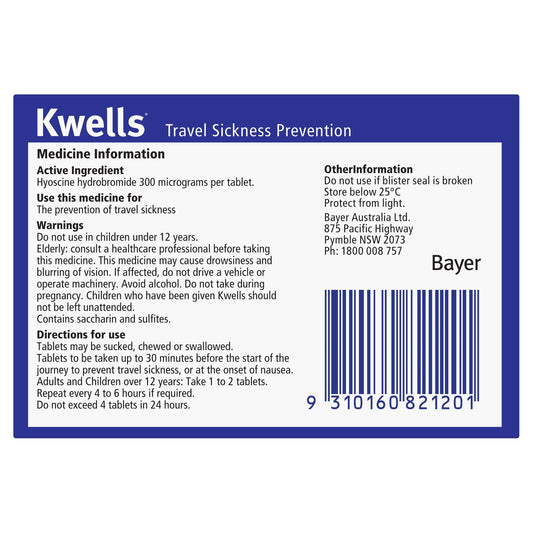 Kwells Travel Sickness 12 Chewable Tablets