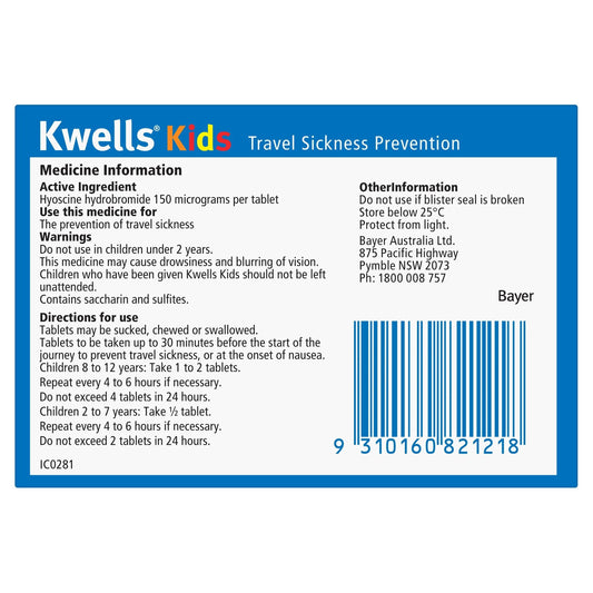 Kwells Kids Travel Sickness 12 Chewable Tablets