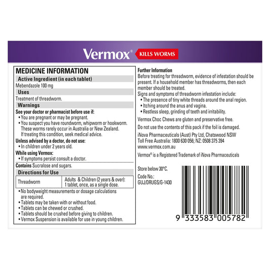 Vermox Chocalate Chewable 4 Tablets