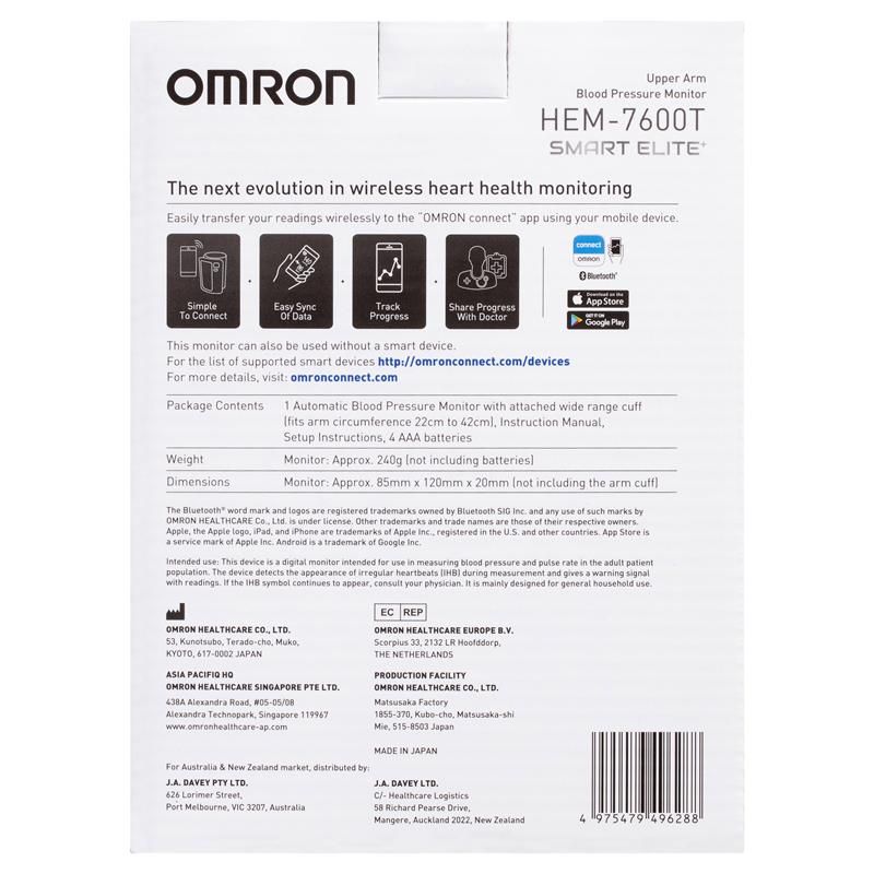 Omron Smart Elite HEM7600T Blood Pressure Monitor Bluetooth Tubeless