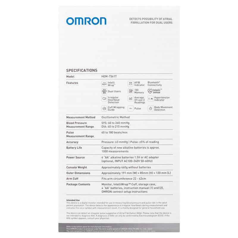 Omron HEM7361T Blood Pressure + AFIB Monitor Bluetooth