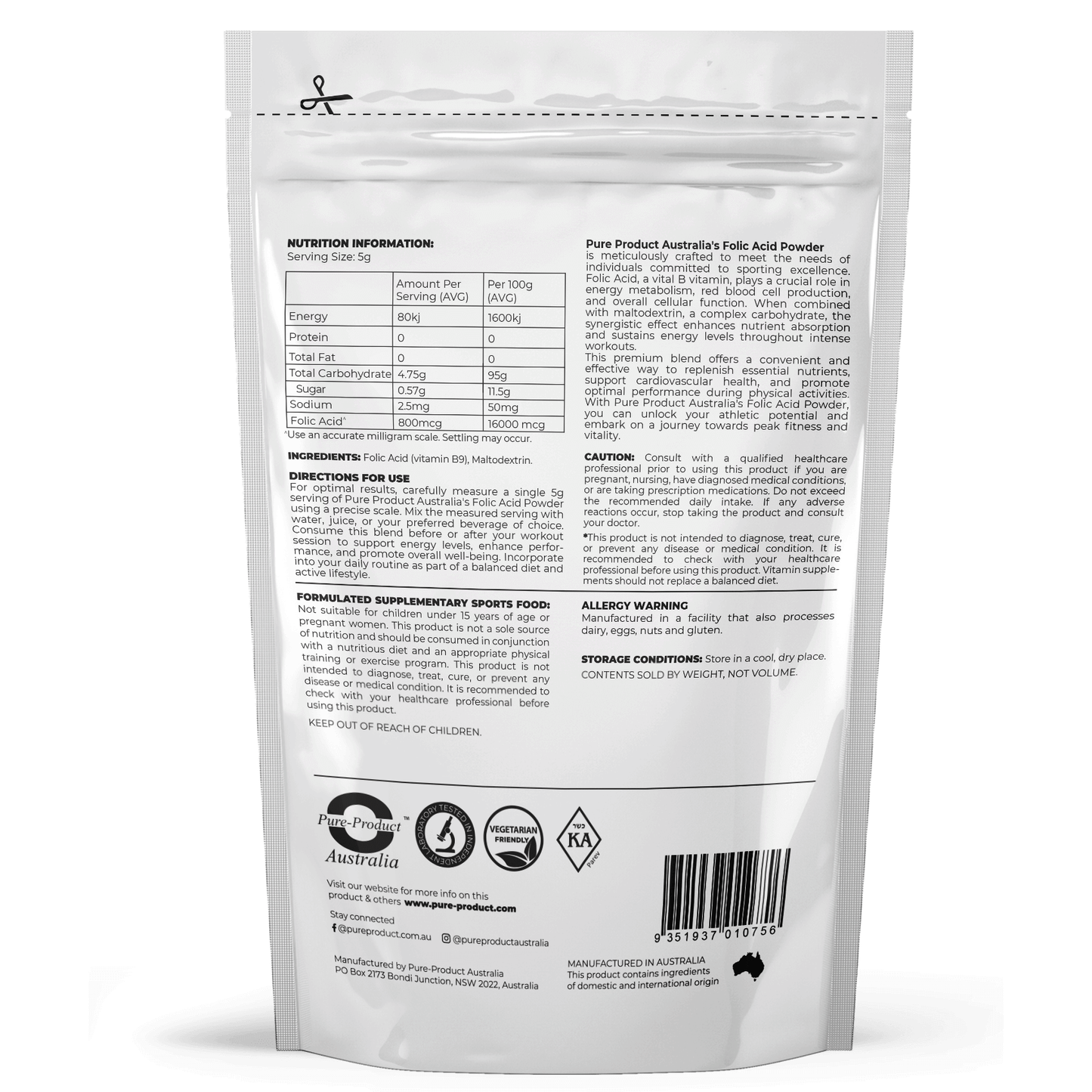 FOLIC ACID (Vitamin B9) Powder - 800mcg