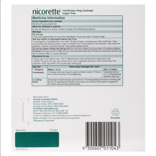 Nicorette Quit Smoking Cooldrops Lozenges Extra Strength Icy Mint 4mg 80 Pieces