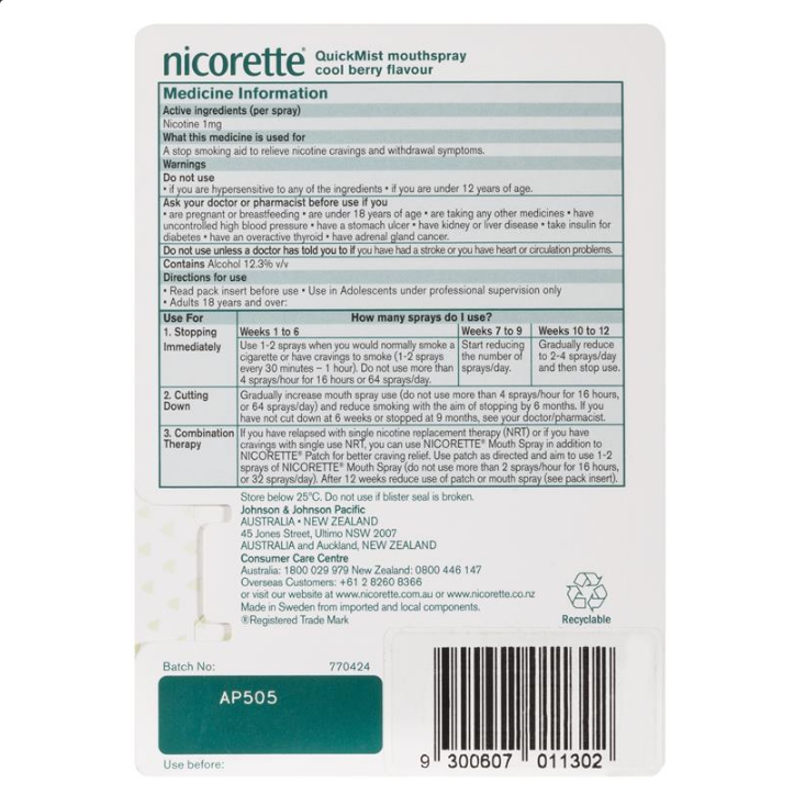 Nicorette Quit Smoking QuickMist Mouth Spray Cool Berry 150 Sprays (13.2mL x 1) - STELLAR PHARMACY