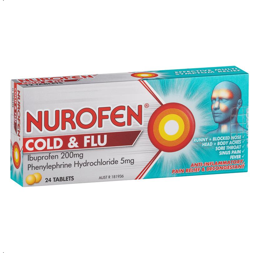 Nurofen Cold and Flu Ibuprofen 200mg Multi-Symptom Relief 24 Tablets