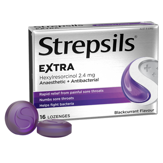Strepsils Extra Blackcurrant Fast Numbing Sore Throat Pain Relief with Anaesthetic Lozenges 16 pack