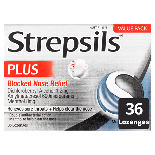 Strepsils Plus Blocked Nose Relief Menthol Eucalyptus 36 Pack - STELLAR PHARMACY