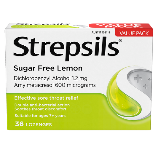 Strepsils Sore Throat Relief Sugar Free Lemon 36 Pack - STELLAR PHARMACY