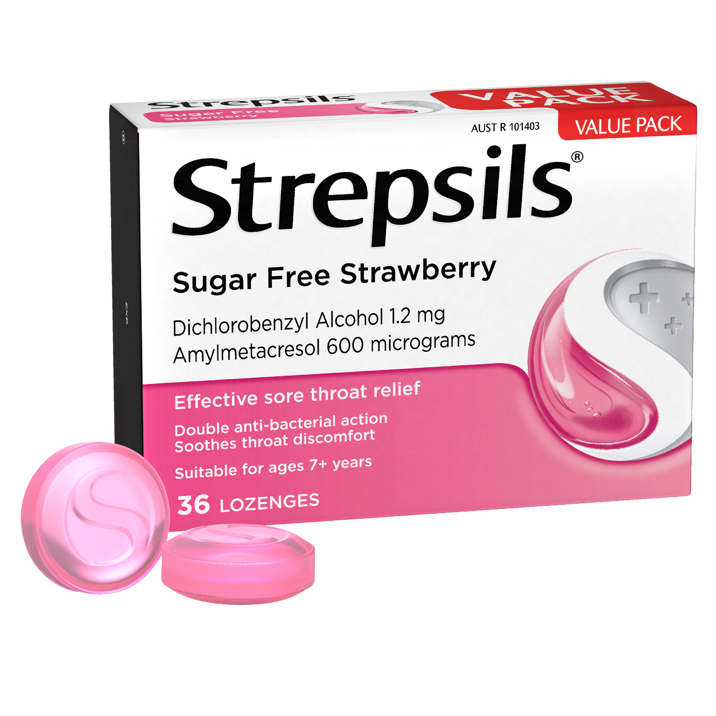 Strepsils Sore Throat Relief Sugar Free Strawberry 36 Pack