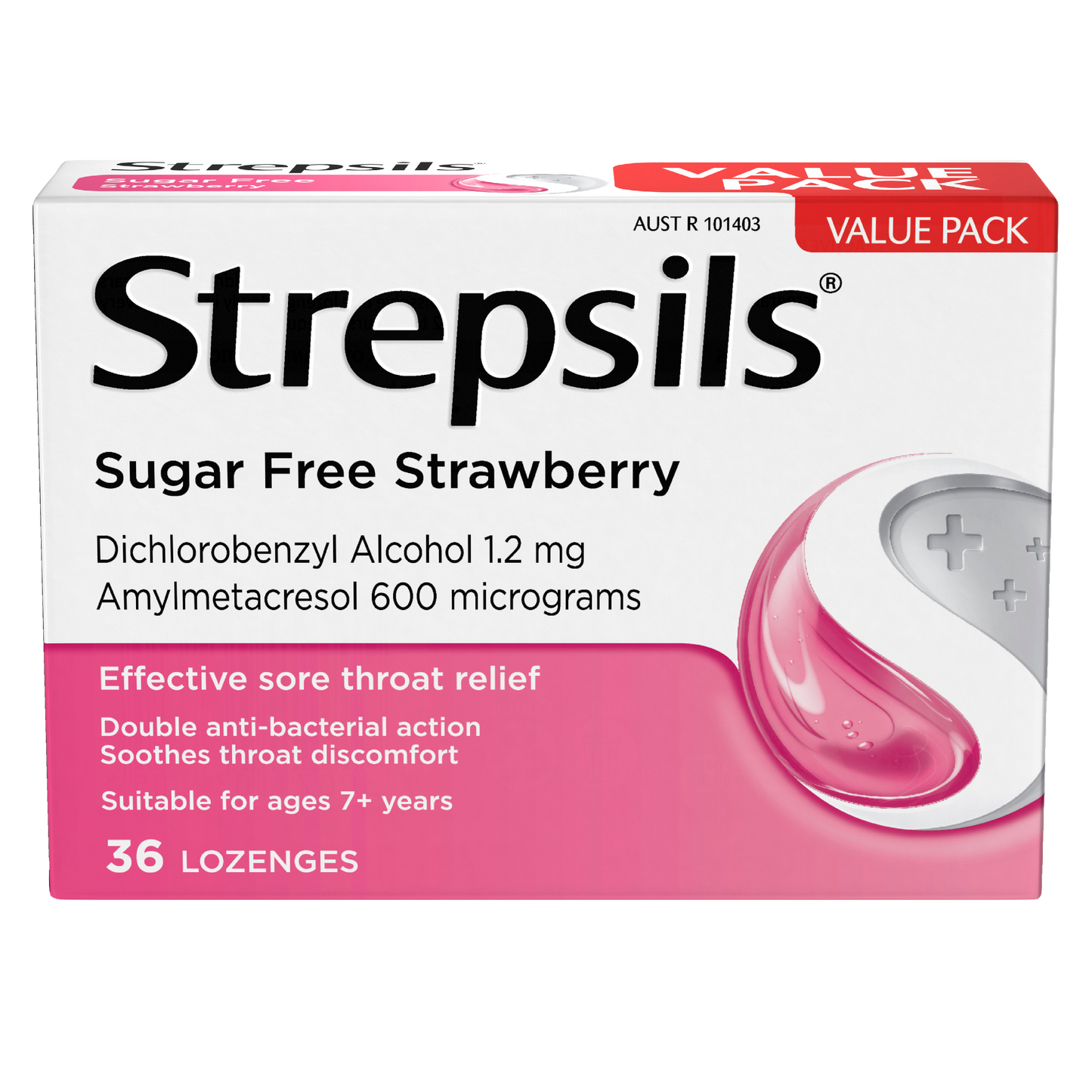 Strepsils Sore Throat Relief Sugar Free Strawberry 36 Pack