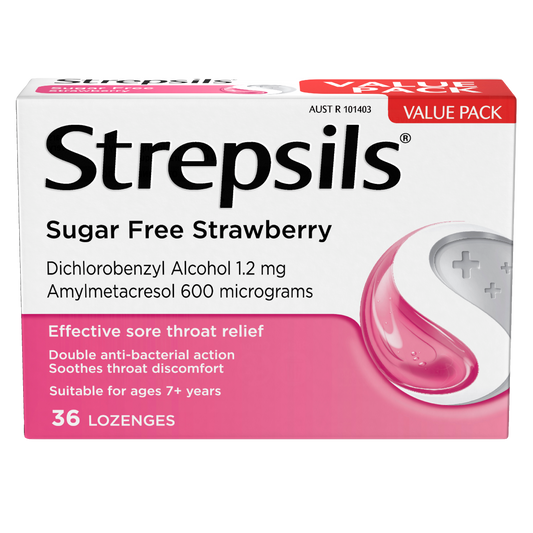 Strepsils Sore Throat Relief Sugar Free Strawberry 36 Pack - STELLAR PHARMACY
