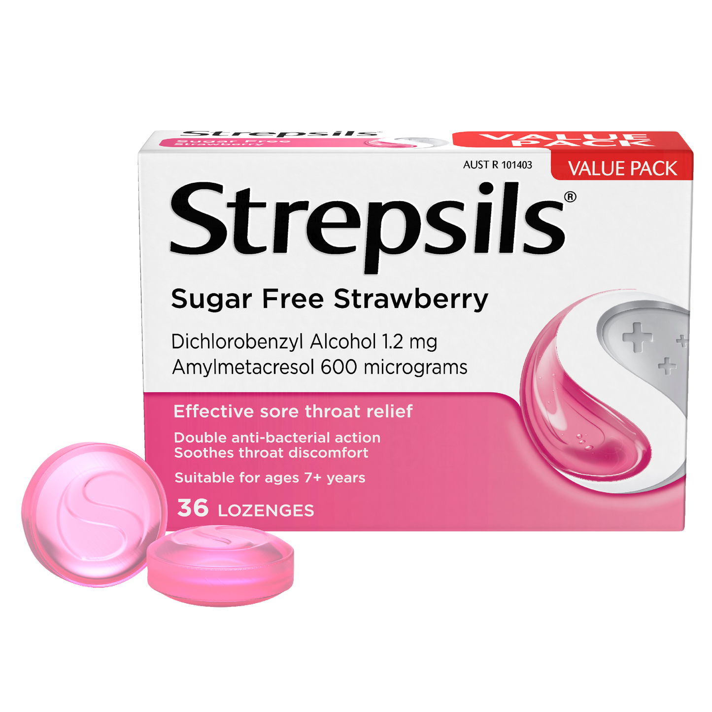 Strepsils Sore Throat Relief Sugar Free Strawberry 36 Pack