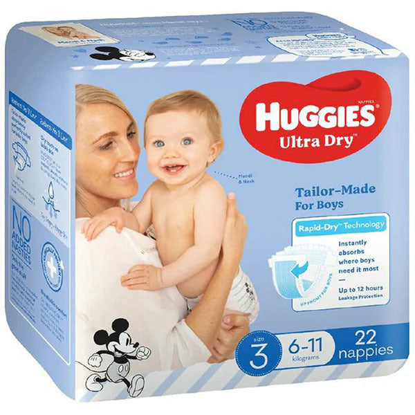 Huggies Ultra Dry Nappies Size 3 Crawler (6-11kg) - 22 Pack for Boys | Superior Absorbency & Leak Protection