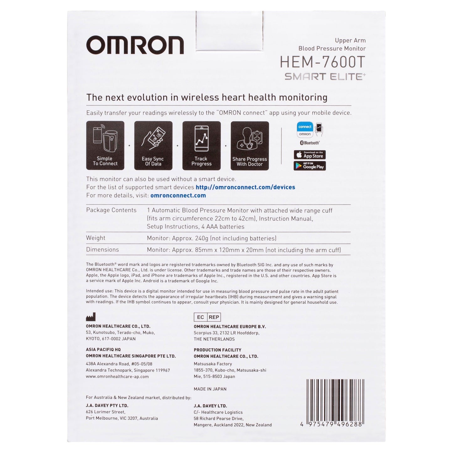 Omron Smart Elite HEM7600T Blood Pressure Monitor Bluetooth Tubeless