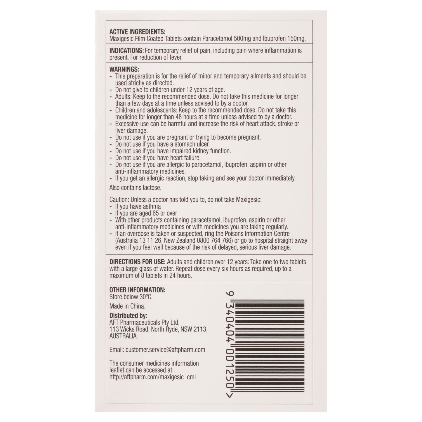 Maxigesic Paracetamol 500mg & Ibuprofen 150mg 30 Tablets(S3)