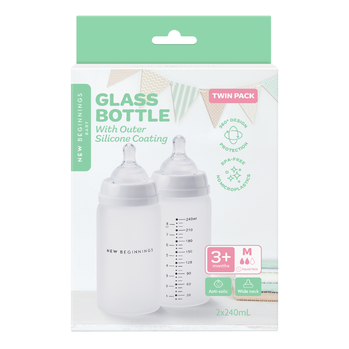 New Beginnings Glass Bottle With Outer Silicone 240ml Twin Pack