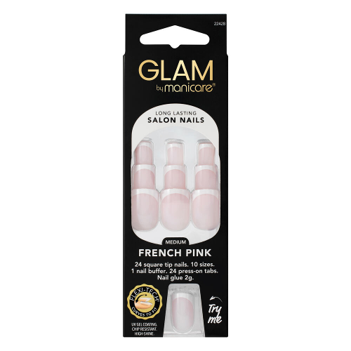 Glam by Manicare Press On Nails Medium Square French Pink 24 Pack