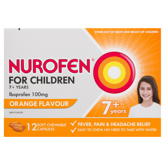 Nurofen For Children Ibuprofen 100mg 7+ Years Orange Flavour 12 Chewable Capsules
