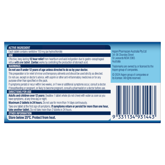 Zantac Ranitidine 150mg 28 Tablets