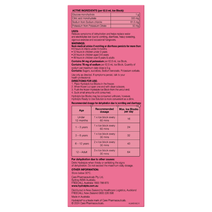 Hydralyte Watermelon Burst Flavoured Electrolyte Ice Blocks 16 Pack