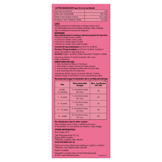 Hydralyte Watermelon Burst Flavoured Electrolyte Ice Blocks 16 Pack