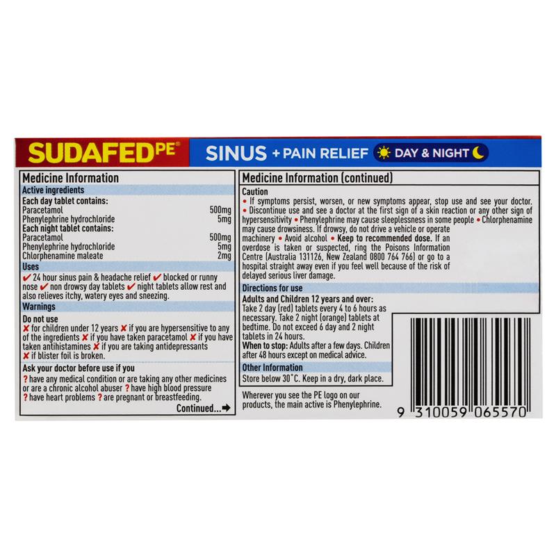 Sudafed PE Sinus + Pain Relief Day & Night 24 Tabs