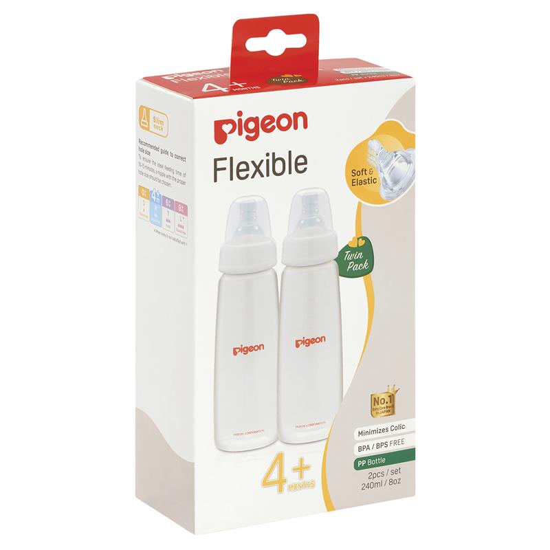 Pigeon Flexible Peristaltic Slim Neck Baby Bottle, 240ml Twin Pack - Ideal for 4+ Months