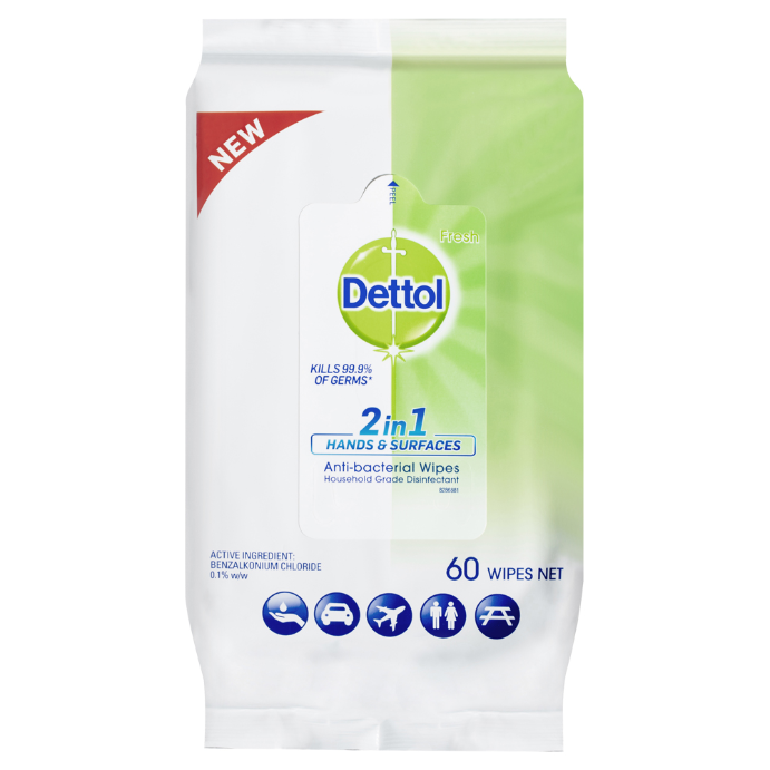 Dettol 2 in 1 Hands & Surfaces Anti-bacterial Wipes 60 Wipes