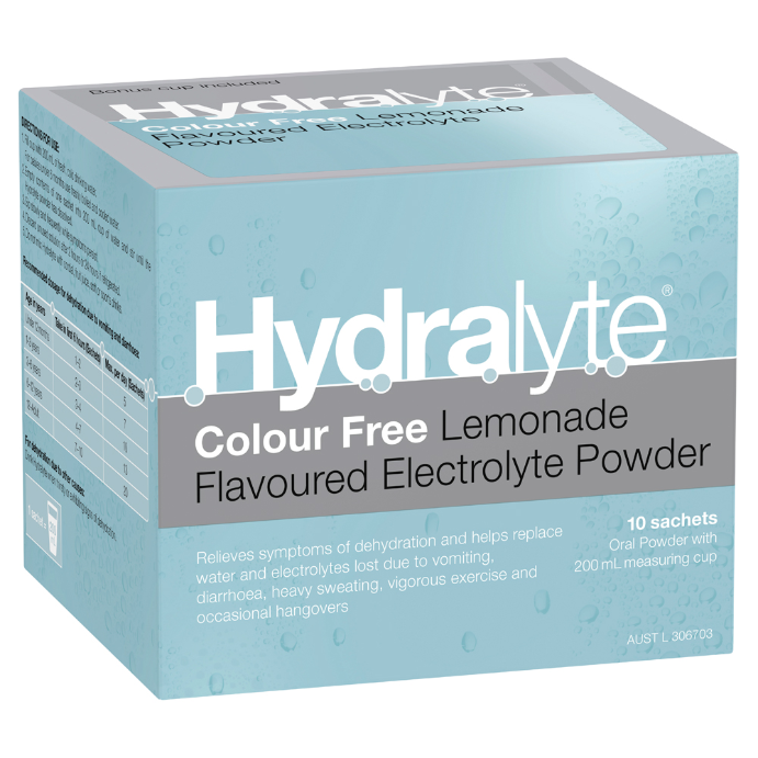 Hydralyte Colour Free Lemonade Flavoured Electrolyte Powder 10 Pack