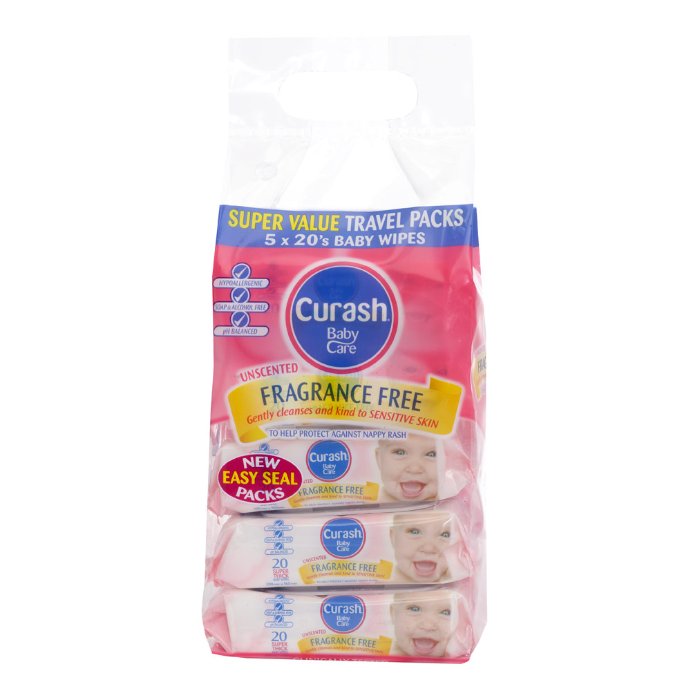 Curash Fragrance Free Baby Wipes 5 x 20 Pack