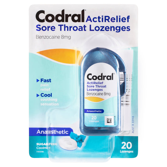 Codral ActiRelief Sore Throat Lozenges Anaesthetic Coolmint 20PK