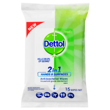 Dettol 2 in 1 Hands and Surfaces Antibacterial Wipes 15pk
