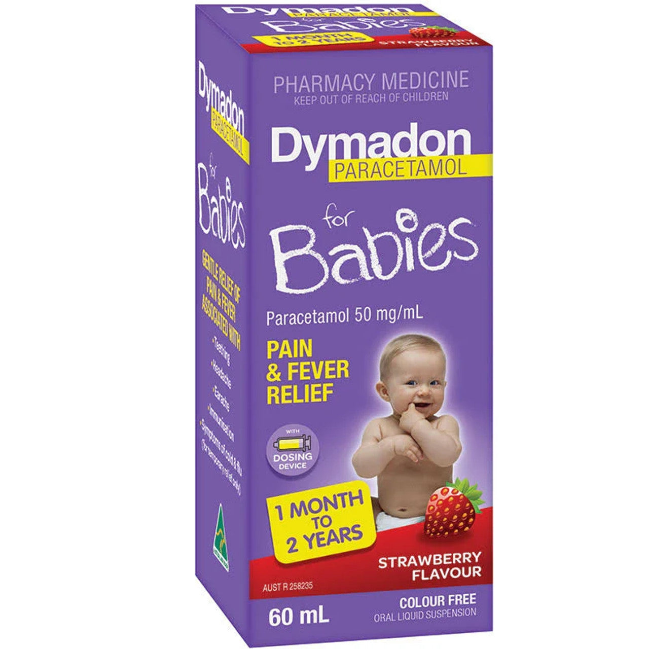 Dymadon Paracetamol for Babies 1 Month to 2 Years Strawberry 60mL