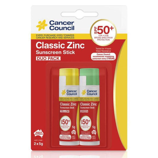 Cancer Council SPF 50+ Classic Zinc Sunscreen Stick Yellow & Green Duo Pack 2 x 5g