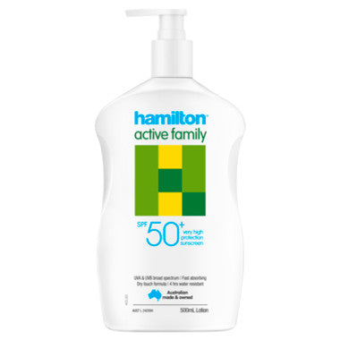 Hamilton Sunscreen Active Family Lotion SPF 50+ - 500mL | Very High Protection, Water Resistant