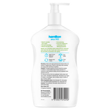 Hamilton Sunscreen Active Family Lotion SPF 50+ - 500mL | Very High Protection, Water Resistant